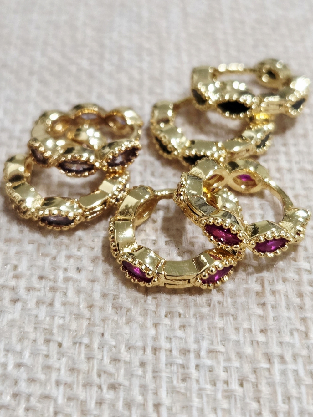 Gold-filled Huggies Earrings with Pink/Blue/Purple Stone Accents Bundle